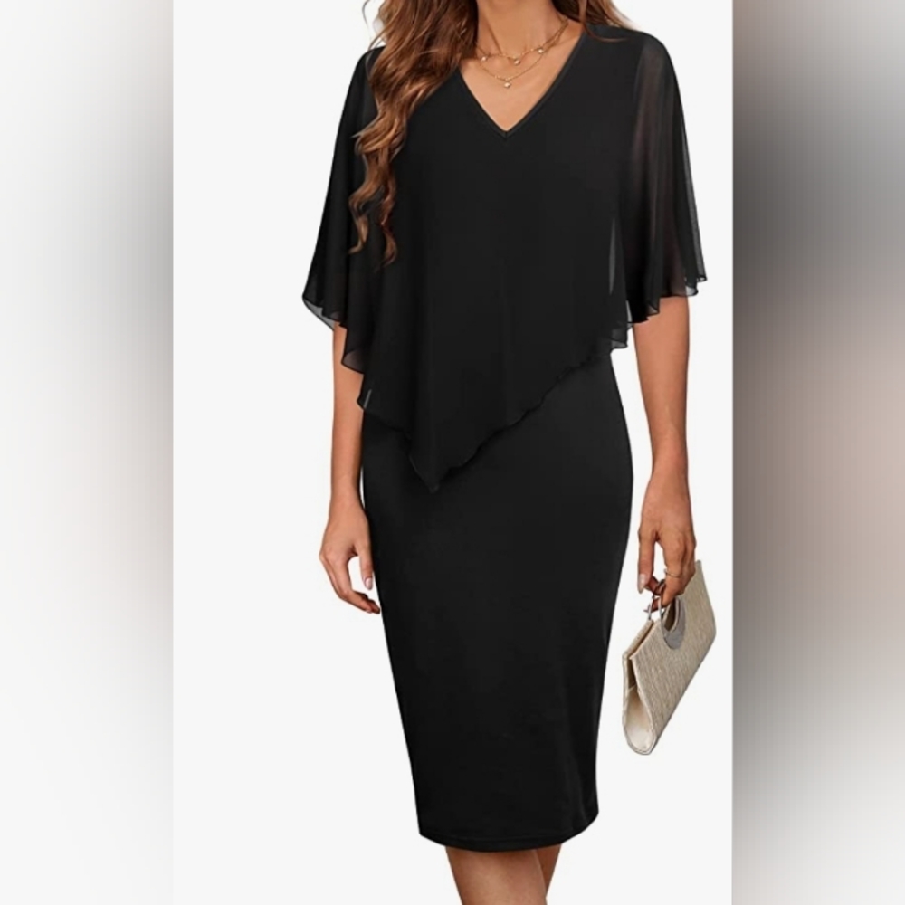 Bodhi talk Women's V Neck Capelet Sleeve Chiffon Overlay Bodycon - Picture 1 of 6
